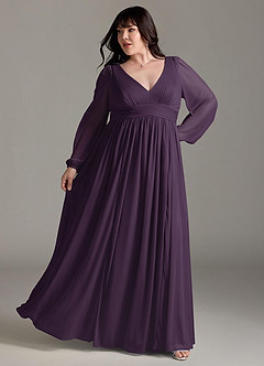 Azazie Norah Bridesmaid Dresses Plum A-Line V-Neck Long Sleeve Chiffon Dress image8