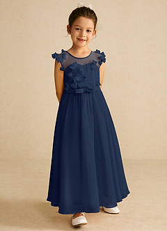 Azazie Arlo Blumenmädchenkleider A-Linie Schleifen Chiffon Kleid Dunkelmarine image4