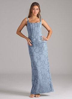 Azazie Kenna Bridesmaid Dresses Dusty Blue Sheath Side Slit Floral Burnout Dress image3