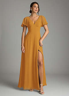 Azazie Kimber Bridesmaid Dresses Butterscotch A-Line Flounce Sleeve Chiffon Dress image2