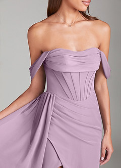 Azazie Amyra Bridesmaid Dresses Wisteria Sheath Off the Shoulder Chiffon Convertible Dress image5