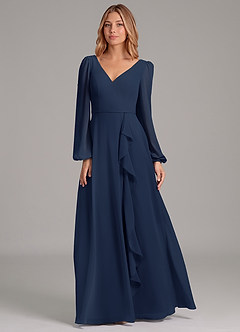 Azazie Simone Bridesmaid Dresses Dark Navy A-Line Long Sleeve Chiffon Dress image5