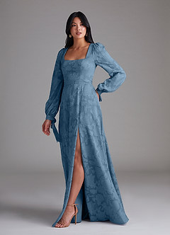Azazie Leonia Bridesmaid Dresses Steel Blue A-Line Long Sleeve Floral Burnout Dress image2