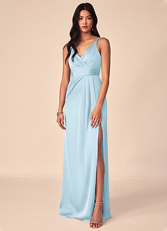 Azazie Aqua Vestidos de damas de honor Vestido de Azul Cielo de Satén Elástico de Corte en A con Cuello en V plisado image1