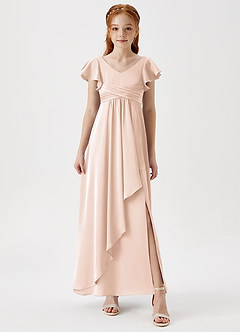 Azazie Omari Junior Blushing Pink A-Line Pleated Stretch Satin Dress image4