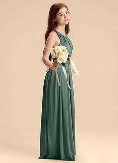 Azazie Bibiane Junior Jurk van Stretch Satijn met A-Lijn Geplooid Eucalyptus image5