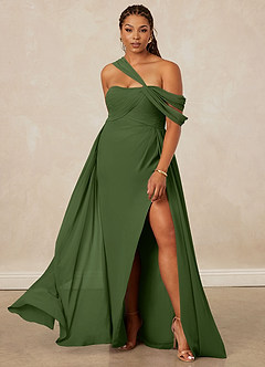 Christian Siriano Bridal for Azazie 1014 Robes de demoiselle d'honneur Robe Trapèze en Mousseline de soie Épaule décolletée Olive image1