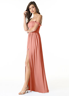 Azazie Morana Bridesmaid Dresses Coral A-Line Off the Shoulder Stretch Satin Convertible Dress image5