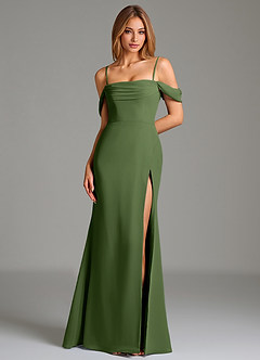 Azazie Riley Robes de demoiselle d'honneur Robe Fourreau Convertible en Mousseline de soie Épaule décolletée Olive image7