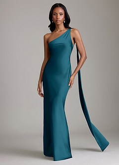 Azazie Galinda Brudtärnklänningar Klä av Sjöjungfru i Stretch Satin Ena axeln Bläckblå image4