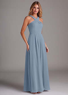 Azazie Dixie Bridesmaid Dresses Dusty Blue A-Line Halter Pleated Chiffon Dress image4
