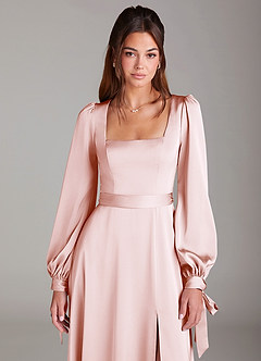 Azazie Leonia Bridesmaid Dresses Blushing Pink A-Line Long Sleeve Stretch Satin Dress image6