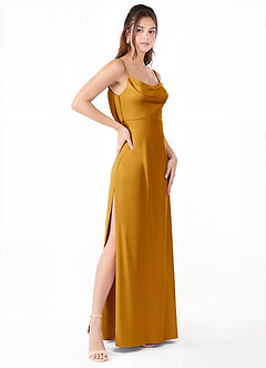 Azazie Alaija Bridesmaid Dresses Butterscotch Mermaid Side Slit Stretch Satin Dress image3