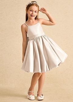 Azazie Davine Flower Girl Dresses White Alabaster A-Line Spaghetti Strap Matte Satin Dress image4