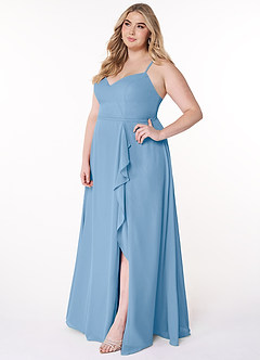 Azazie Naeem Brautjungfernkleider Eine Linie V-Hals Rüsche Chiffon Kleid Puderblau image10