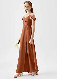 Azazie Ocean Junior Copper A-Line Off the Shoulder Stretch Satin Dress image3