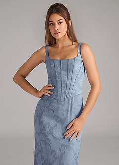 Azazie Kenna Bridesmaid Dresses Dusty Blue Sheath Side Slit Floral Burnout Dress image6