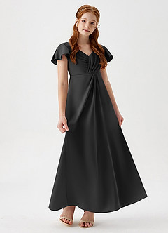 Azazie Soren Junior Black A-Line Ruched Stretch Satin Dress image1