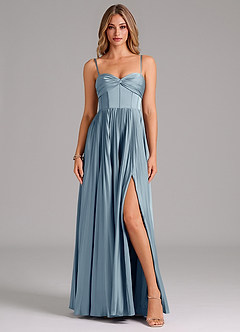 Azazie Tyla Bridesmaid Dresses Dusty Blue A-Line Sweetheart Neckline Stretch Satin Dress image1