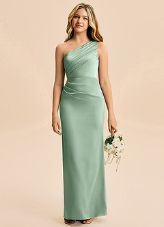 Azazie Akilah Junior Agave Sheath Pleated Stretch Satin Dress image1