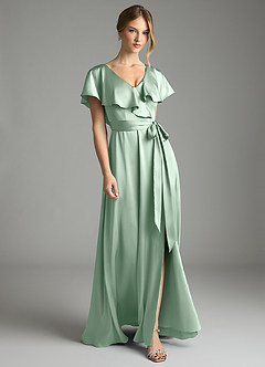 Azazie Lainey Bridesmaid Dresses Agave A-Line with Pockets Stretch Satin Dress image1