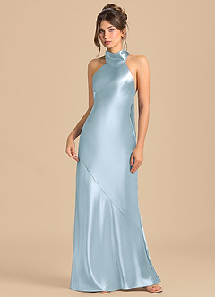 Azazie Velli 신부 들러리 드레스 쉬스 하이넥 메탈릭 새틴 바닥 길이 드레스 image3