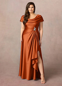Azazie Branford Vestidos para mãe da noiva Vestido Laranja Queimada de Cetim elástico de Linha A com Plissado image9