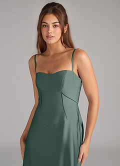 Azazie Valentine Bridesmaid Dresses Sea Moss A-Line Corset Stretch Satin Dress image6
