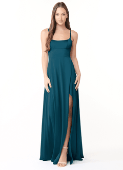 Azazie Halsey Final Sale Ink Blue A-Line Side Slit Stretch Satin Dress image1