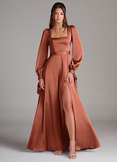 Azazie Leonia Bridesmaid Dresses Clay A-Line Long Sleeve Stretch Satin Dress image1