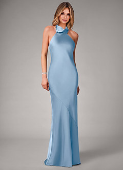 Azazie Velli Suknie dla druhen Syrena Wysoka Kołnierz Satyna elastyczna Do ziemi Sukienka image4