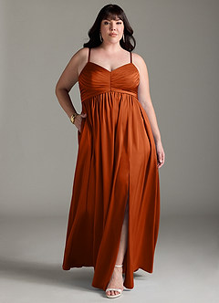 Azazie Alia Vestidos de damas de honor Vestido de Naranja Quemada de Satén Elástico de Corte en A con Plisado image10