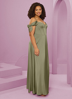 Barbie ♥ Azazie Bridesmaid Dresses Pistachio A-Line Off the Shoulder Stretch Satin Dress image12