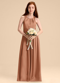 Azazie Bibiane Junior Abito A-Line in Raso Elasticizzato Plissettato Bronzo image4