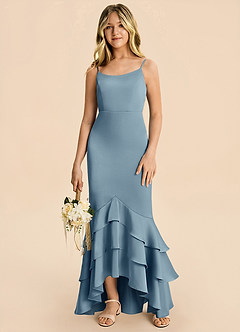 Azazie Fay Junior Dusty Blue Mermaid Ruched Stretch Satin Dress image4