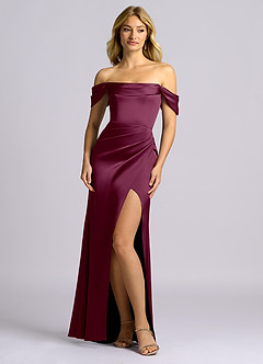 Azazie Auden Bridesmaid Dresses Mulberry Sheath Off the Shoulder Stretch Satin Convertible Dress image1