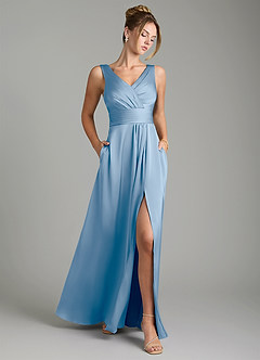 Azazie Karina Bridesmaid Dresses Powder Blue A-Line Pleated Stretch Satin Dress image1