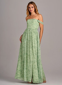 Azazie Calianna Jurken voor bruidsmeisjes Converteerbaar Jurk van Chiffon met A-Lijn Off the Shoulder Groene Varen Bloemen image2