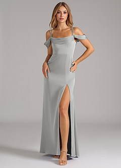 Azazie Callan Robes de demoiselle d'honneur Robe Trapèze Convertible en Satin extensible Plissée Argent image3