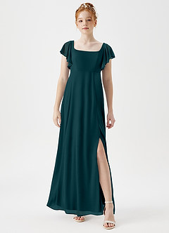 Azazie Bondi Junior Pine A-Line Side Slit Mesh Dress image1