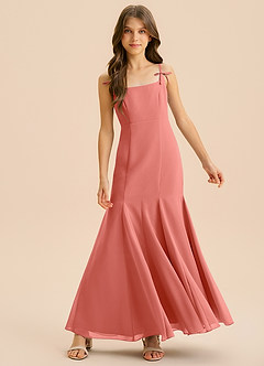 Azazie Evey Junior Abito Sirena in Chiffon Plissettato Salmone Rosa image3