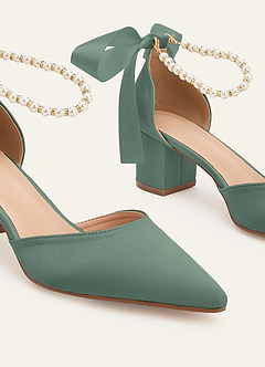 front Matching Color Matte Satin Pearl and Bow Pointed Toe Block Heels