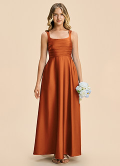 Azazie Azaria Junior Cinnamon A-Line Pleated Stretch Satin Dress image3