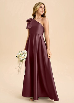 Azazie Penguin Junior Sangria A-Line Bow Stretch Satin Dress image6