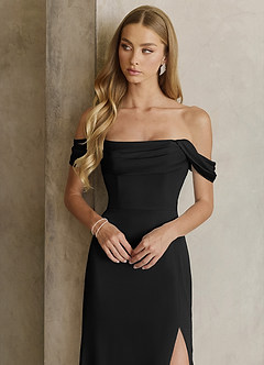 Azazie Saige Bridesmaid Dresses Black Sheath Off the Shoulder Stretch Satin Dress image2