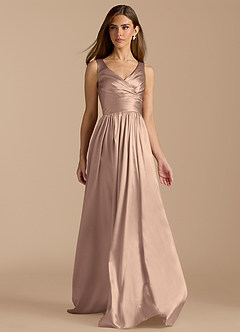Azazie Keyla Bridesmaid Dresses Taupe A-Line Pleated Metallic Satin Dress image6
