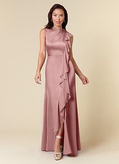 Azazie Narine vestidos de madre de la novia Vestido de Rosa Polvorienta de Satén Elástico de Corte En A con Escote alto plisado image3