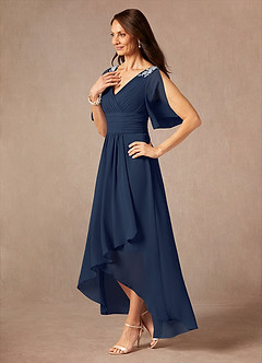Azazie Pascual Mère de la mariée Robes Robe Trapèze en Mousseline de soie Plissée Bleu Marine Foncé image3