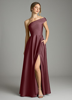Azazie Melanie Bridesmaid Dresses Sangria A-Line Off the Shoulder Stretch Satin Dress image1