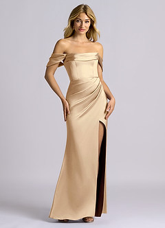 Azazie Auden Bridesmaid Dresses Champagne Sheath Off the Shoulder Stretch Satin Convertible Dress image7